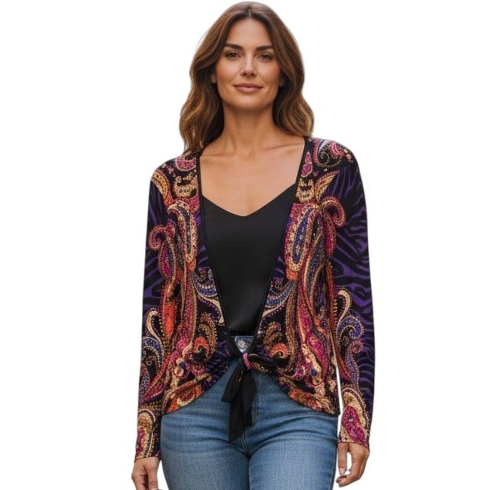 Venus Paisley Zebra Print Tie Front‎ Long Sleeve Cardigan Top Large